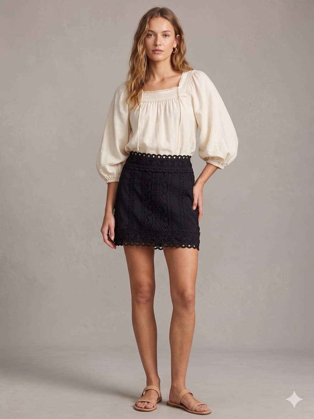 R2 Black Crochet-Trim Mini Skirt